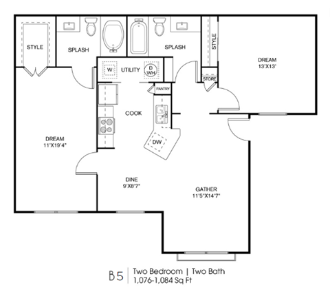 a floor plan of a house with two bedrooms and two baths